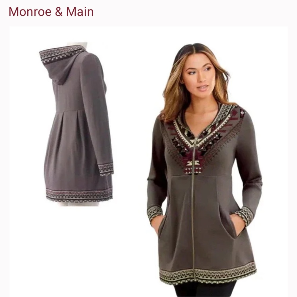 Monroe & Main Weekend Warrior Zip Up Mocha brown Longer Length Hooded Jacket Lg